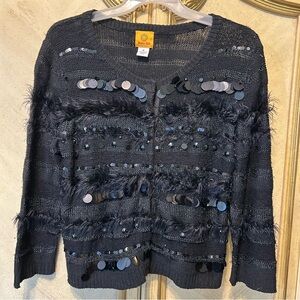 Ruby Rd Black Sequin Beaded Metallic Fringe Fur Embellished Sweater Cardigan